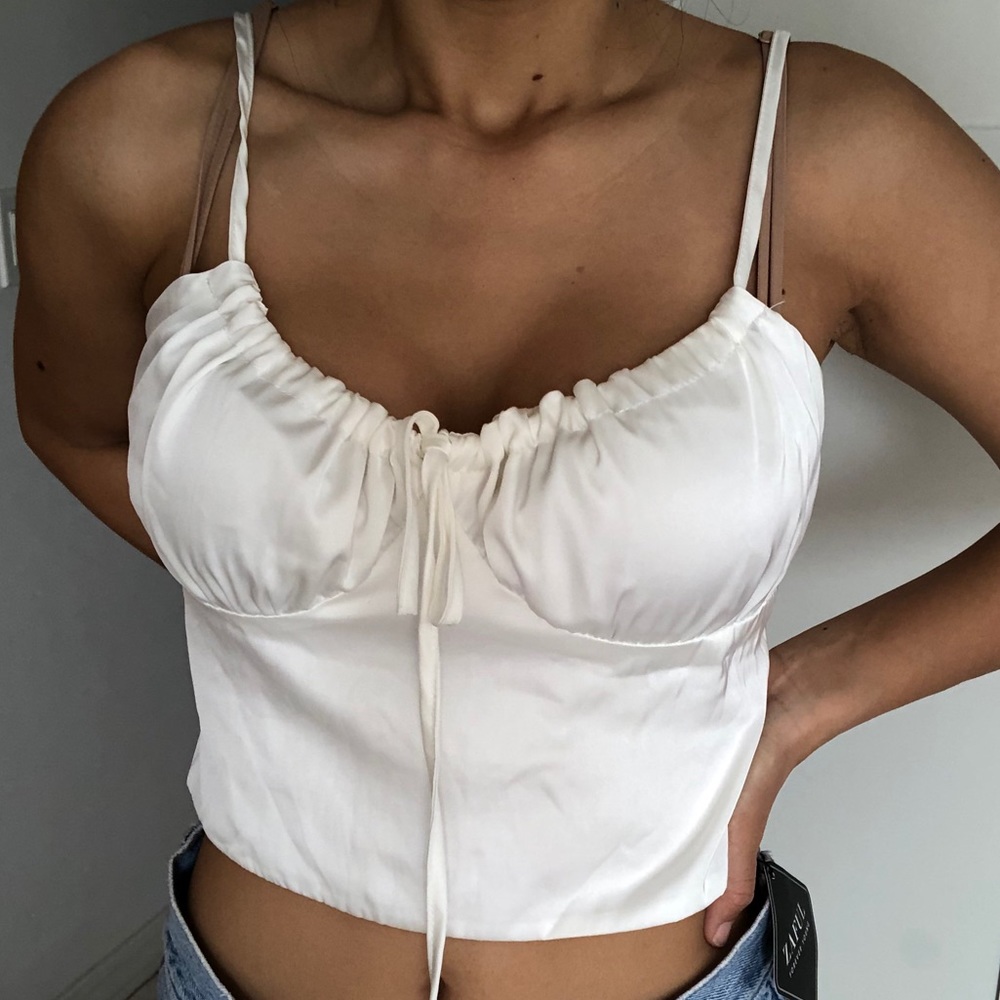 Satin white silk crop top tie in front